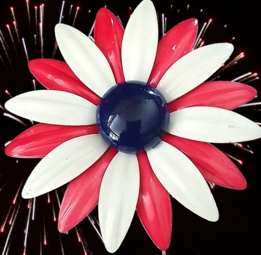 Vintage Mid Century Large Red White and Blue Enamel Metal Daisy Brooch Pin